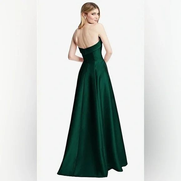 NWT Alfred Sung Hunter Green Strapless Bias Cuff Bodice Satin Gown, Pockets, 14R - Picture 2 of 15